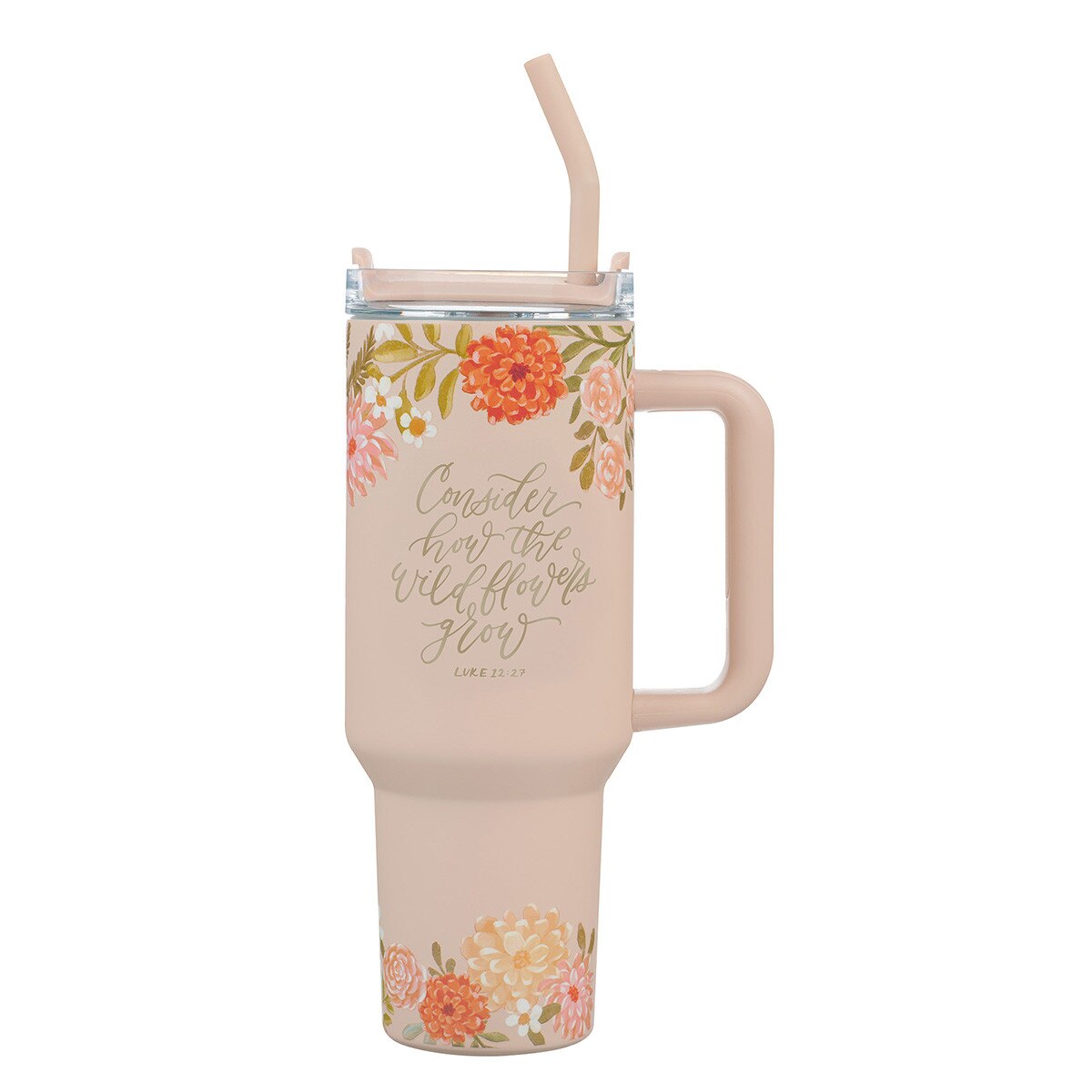 Consider the Wildflowers 40 oz Peach Stainless Steel Tumbler with Reusable Straw - Luke 12:27