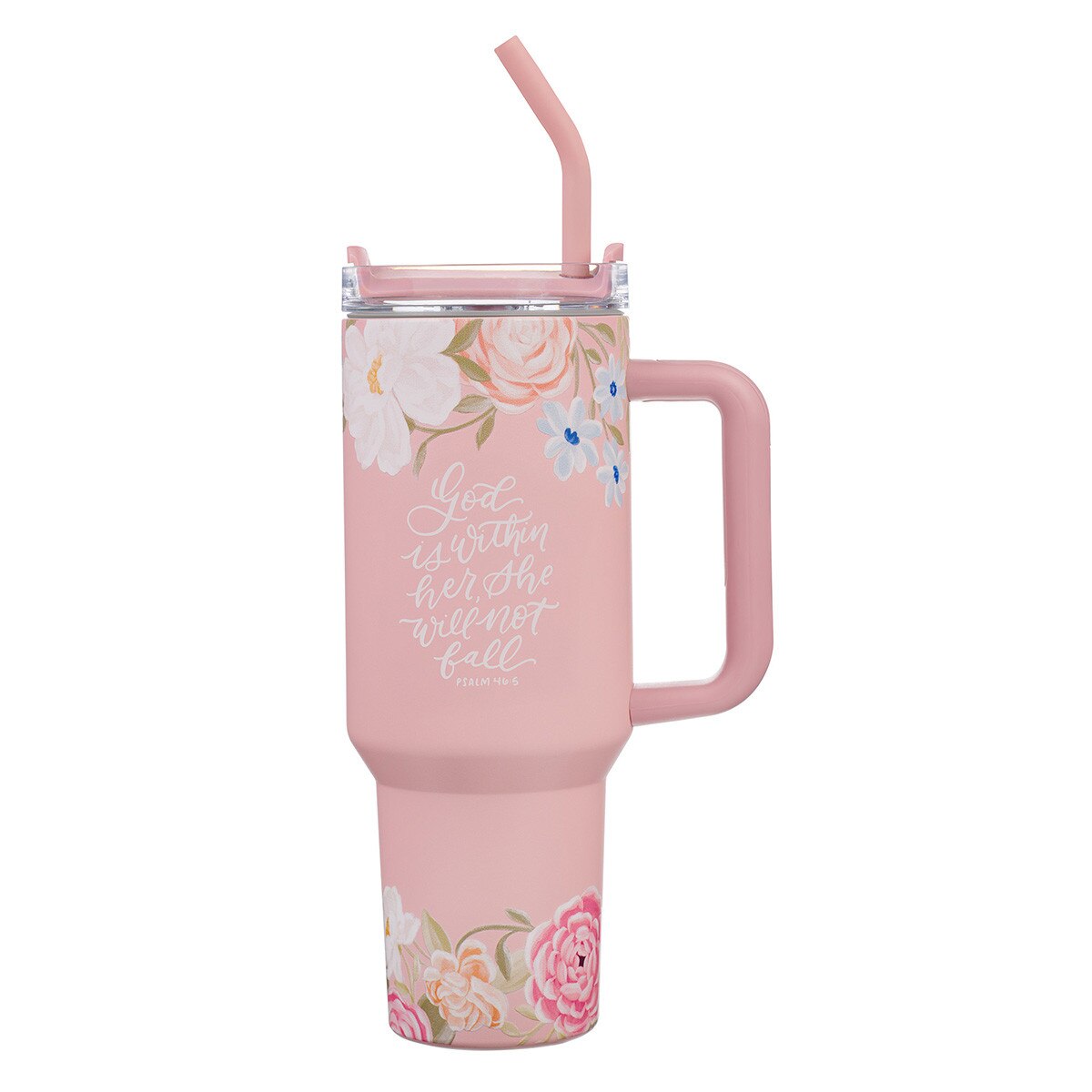God is With Her Pink Floral 40 oz Stainless Steel Tumbler with Straw