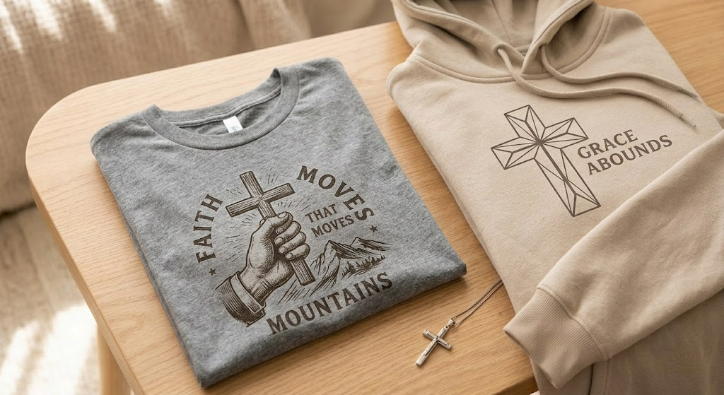 Christian apparel — folded Faith Moves Mountains tee and Grace Abounds hoodie