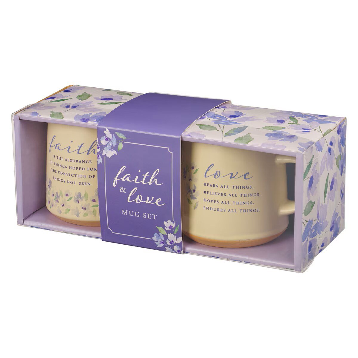 Faith and Love lilac purple ceramic coffee mug set of two