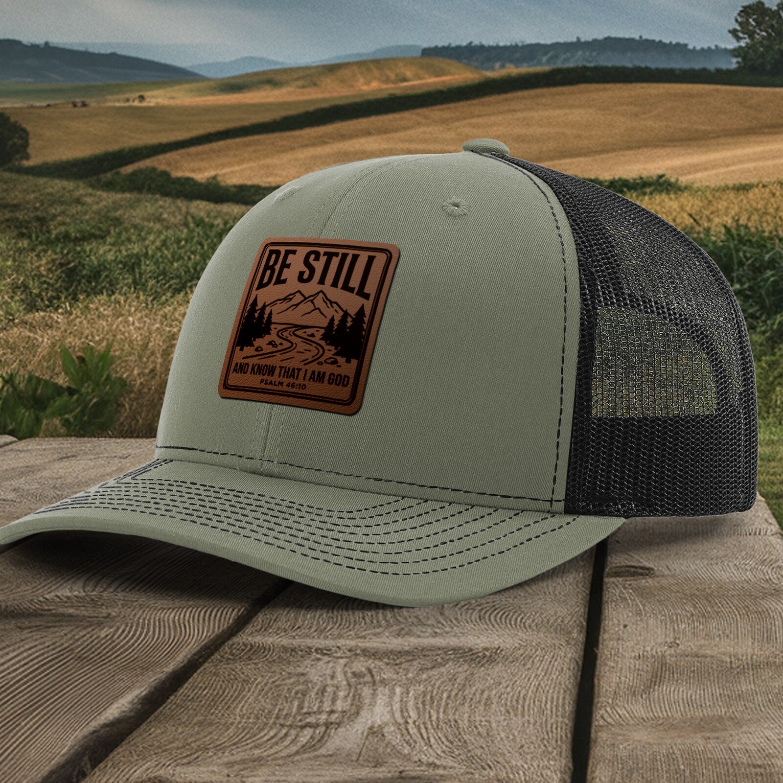 Be Still Psalm 46:10 Leather Patch Hat - Loden / Black
