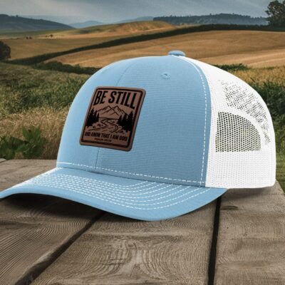 Be Still Psalm 46:10 Leather Patch Hat - Columbia Blue / White