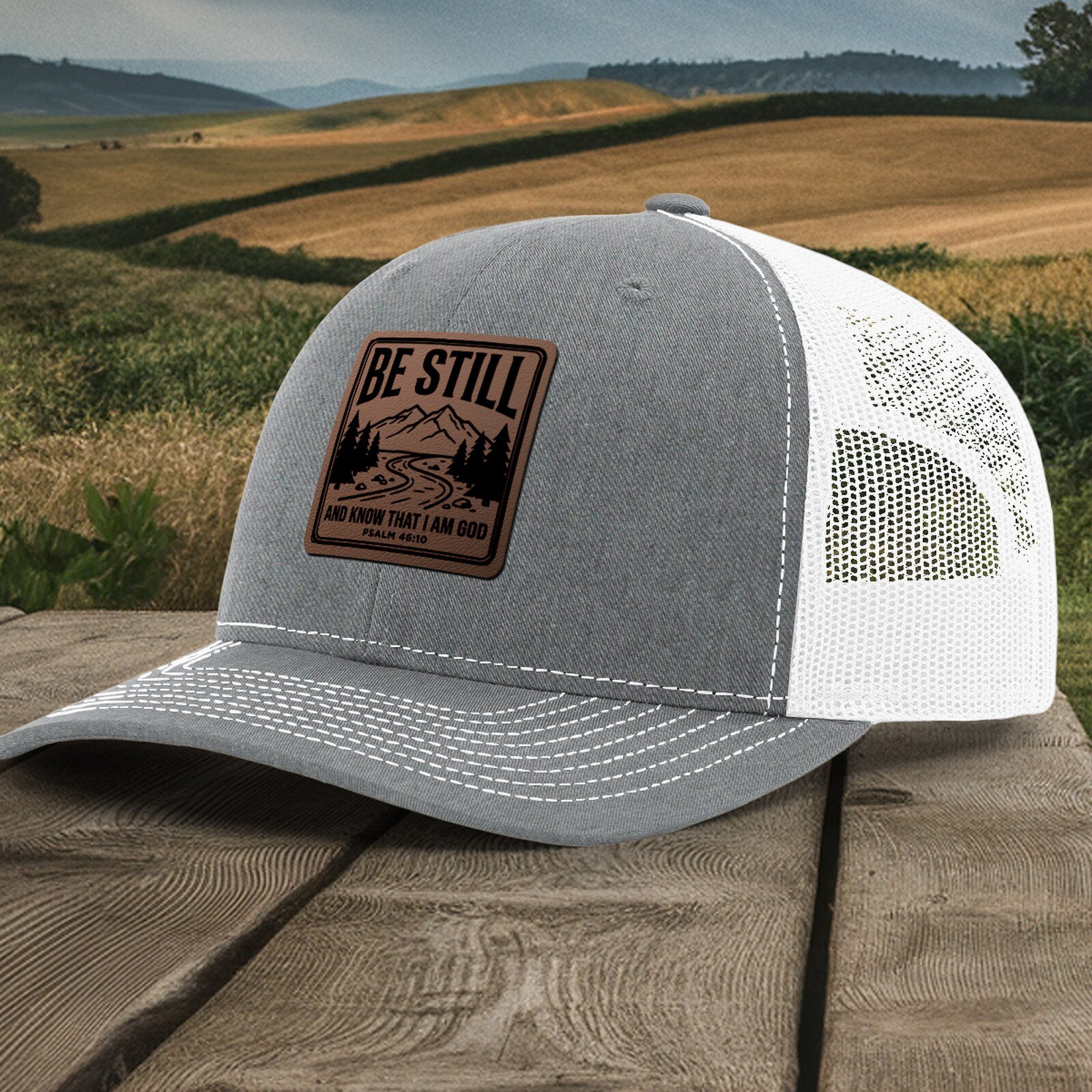 Be Still Psalm 46:10 Leather Patch Hat - Heather Grey / White