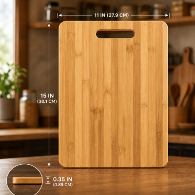 Bamboo cutting board size reference, 15 by 11 inches
