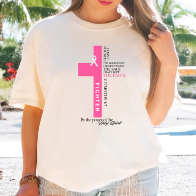 Fight the Good Fight tee, 2 Timothy 4:7 pink ribbon cross, Comfort Colors 1717 in Ivory