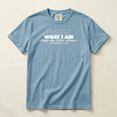 I Am What I Am tee in Washed Denim, flat lay detail