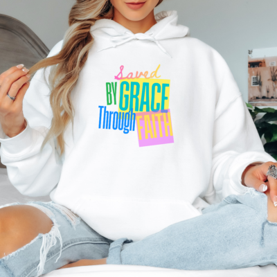 Saved by Grace Through Faith hoodie in White, worn