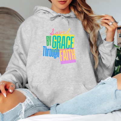 Saved by Grace Through Faith hoodie in Ash, worn