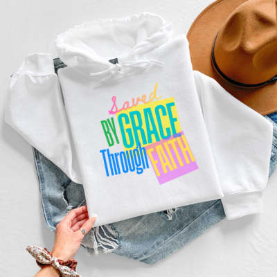 Saved by Grace Through Faith hoodie in White, folded flat lay