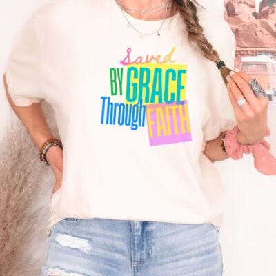 Saved by Grace Through Faith tee in Ivory, worn