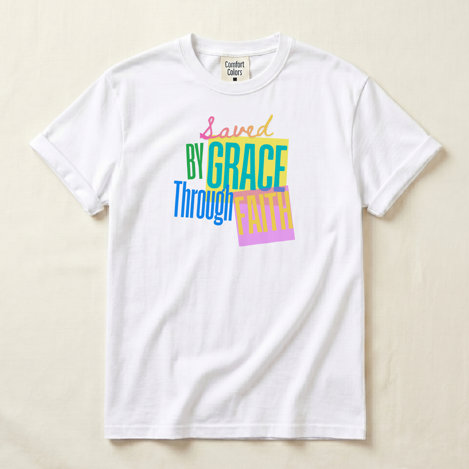 Saved by Grace Through Faith tee in White, flat product shot