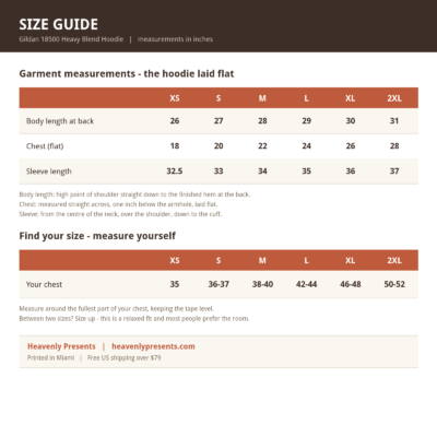 Gildan 18500 hoodie size guide, chest and body length by size