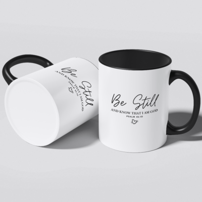 Be Still and Know Psalm 46:10 mug set of two, white with black interior and handle