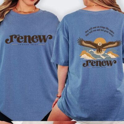 Renew Isaiah 40:31 soaring eagle tee in Blue Jean, front and back view on a model