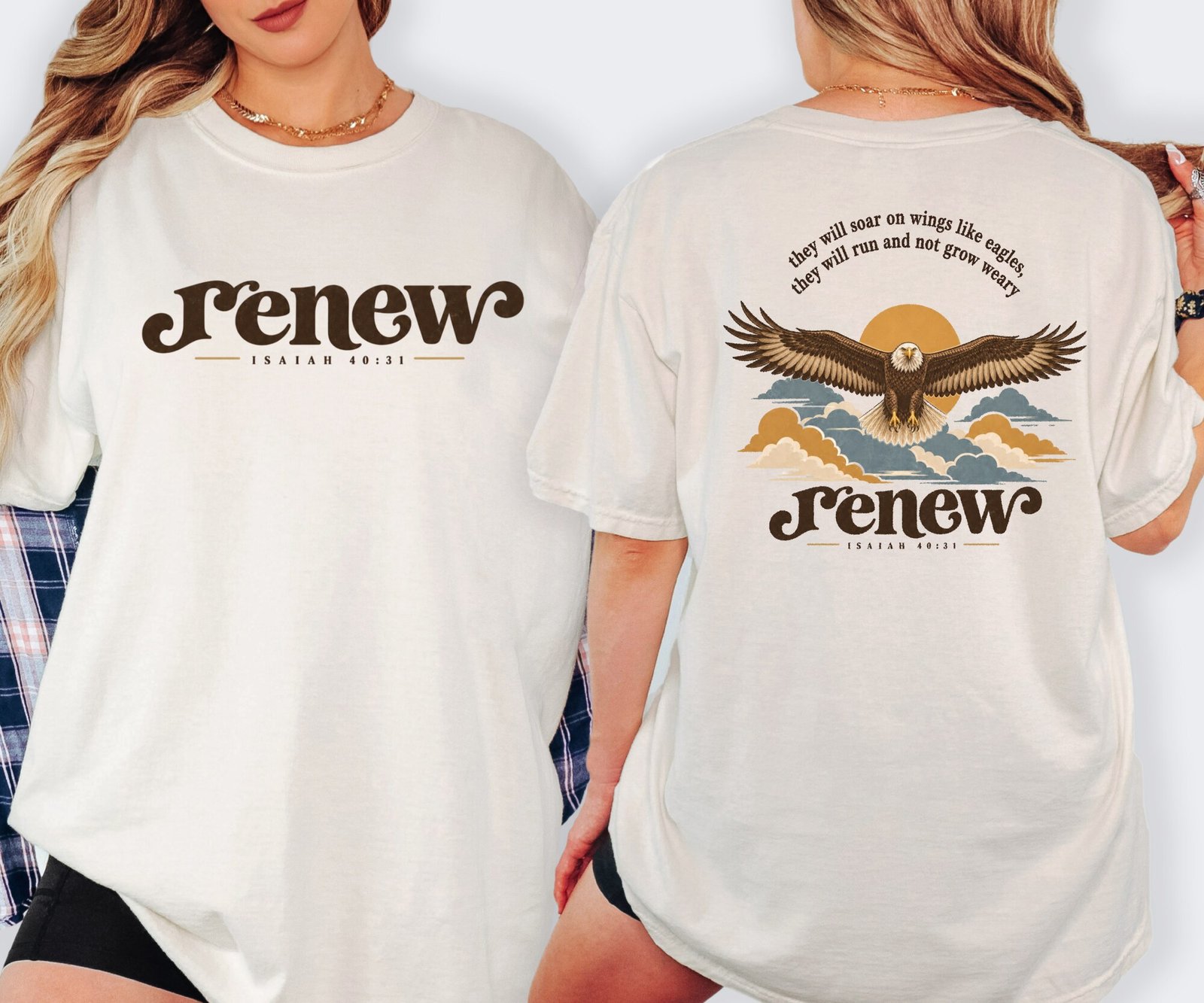 Renew Isaiah 40:31 soaring eagle tee in Ivory, front and back view on a model