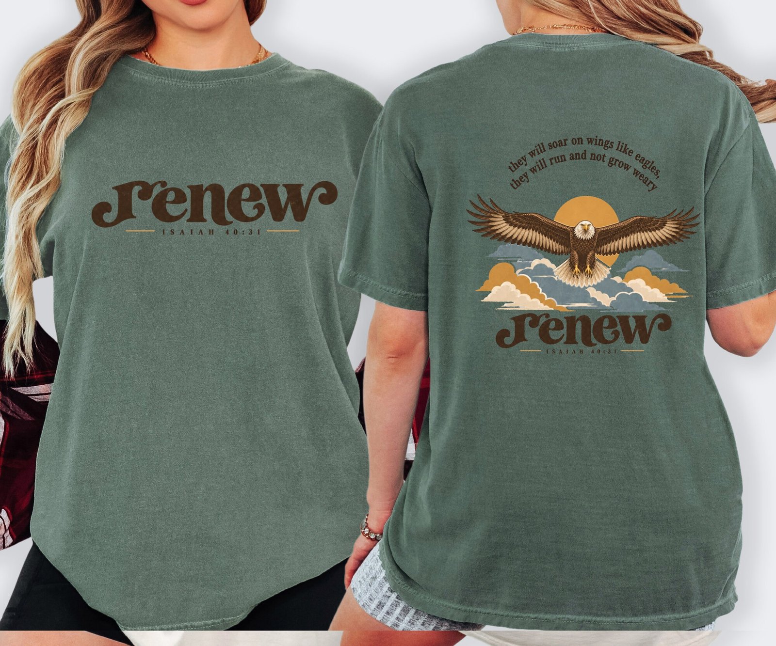 Renew Isaiah 40:31 soaring eagle tee in Moss, front and back view on a model