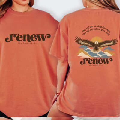 Renew Isaiah 40:31 soaring eagle tee in Terracotta, front and back view on a model