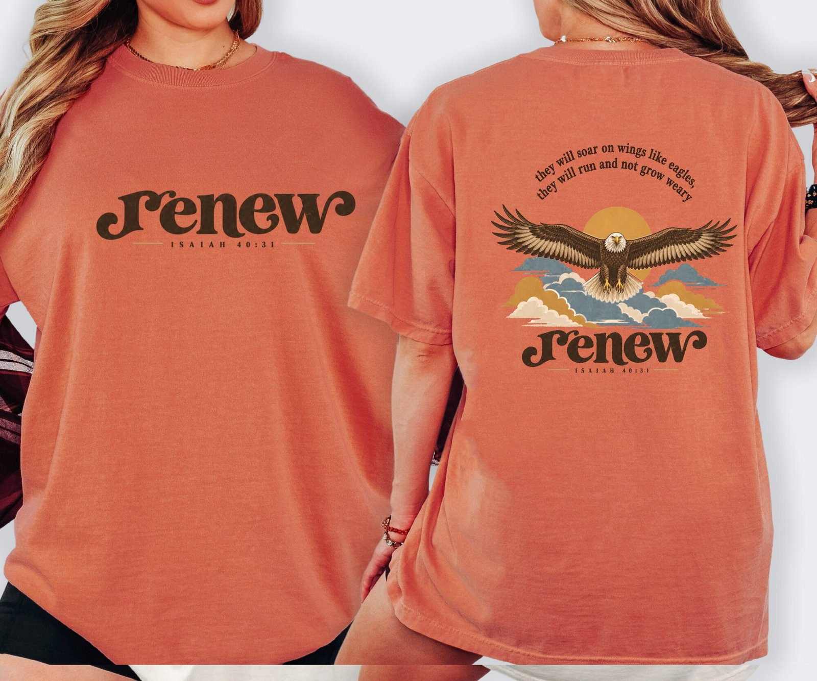 Renew Isaiah 40:31 soaring eagle tee in Terracotta, front and back view on a model
