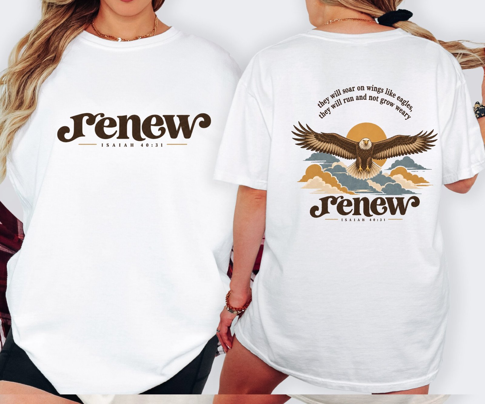 Renew Isaiah 40:31 soaring eagle tee in White, front and back view on a model