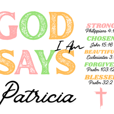 God Says pillow design artwork - I Am Strong, Chosen, Beautiful, Forgiven, Blessed with scripture references and a name in script