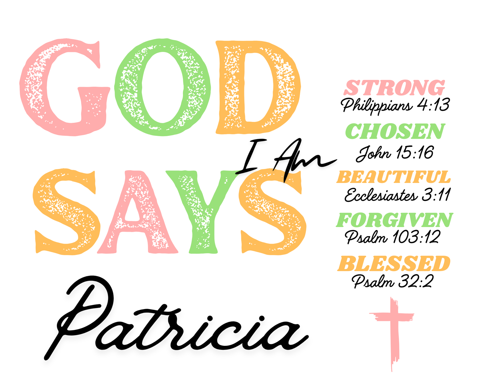 God Says pillow design artwork - I Am Strong, Chosen, Beautiful, Forgiven, Blessed with scripture references and a name in script